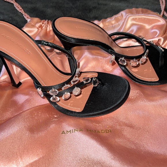 Amina Muaddi Tina black satin mules Savannahs. NIB. - Picture 6 of 17